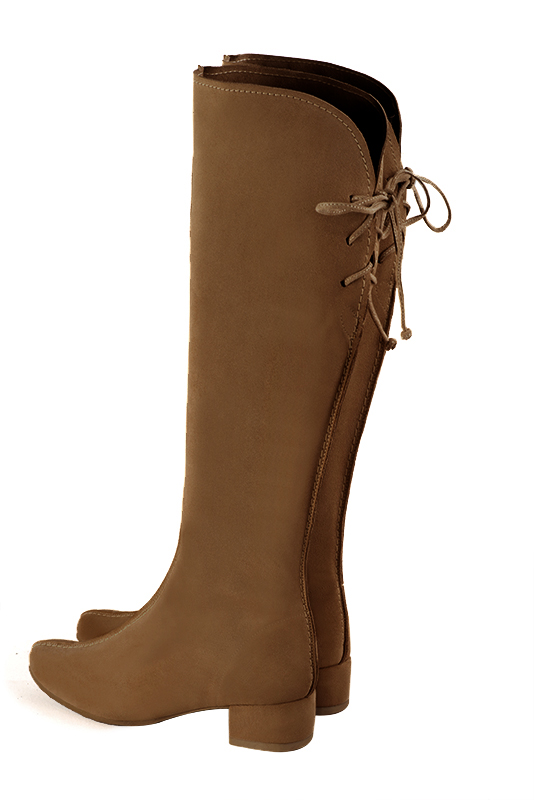 Caramel brown women's knee-high boots, with laces at the back. Round toe. Low block heels. Made to measure. Profile view - Florence KOOIJMAN